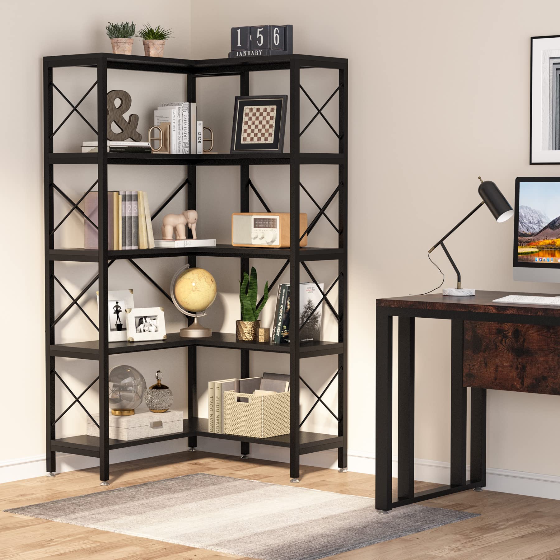 【Furniture】5-Shelf Corner Bookshelf, Large Modern Corner Bookcase, 5-Tier Tall Corner Shelf Storage Display Rack