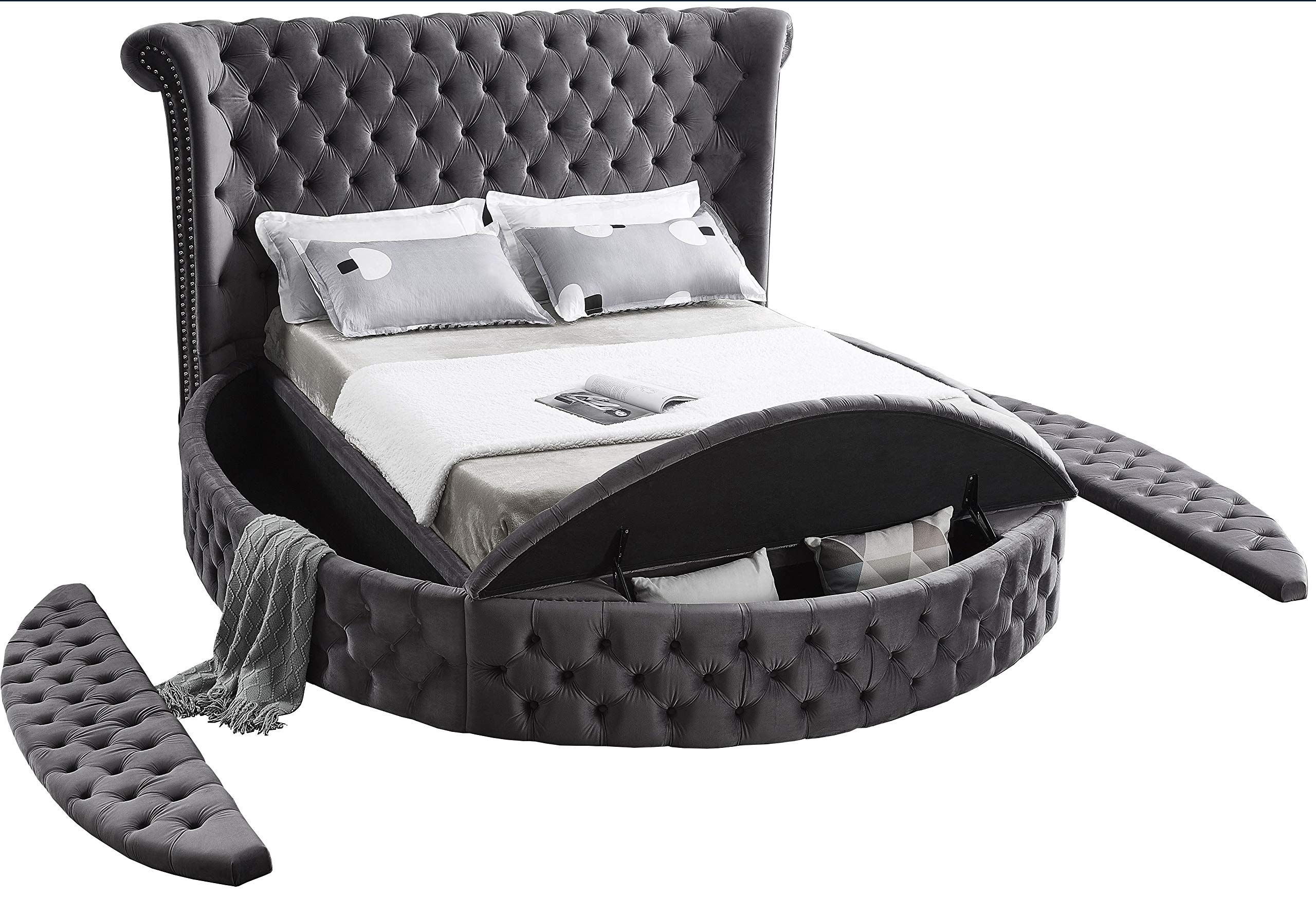 【Furniture】Contemporary Round Shaped Velvet Upholstered Bed with Deep Button Tufting & Footboard Storage, King