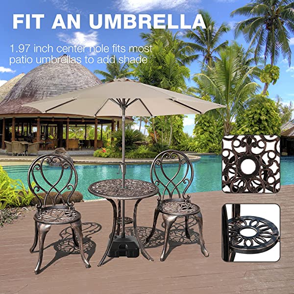 Patiorama 3 Piece Patio Bistro Set, Outdoor Cast Aluminum Furniture Set, All Weather Rust-Resistant Conversation Set w/Umbrella Holen, Antique Finish, Copper