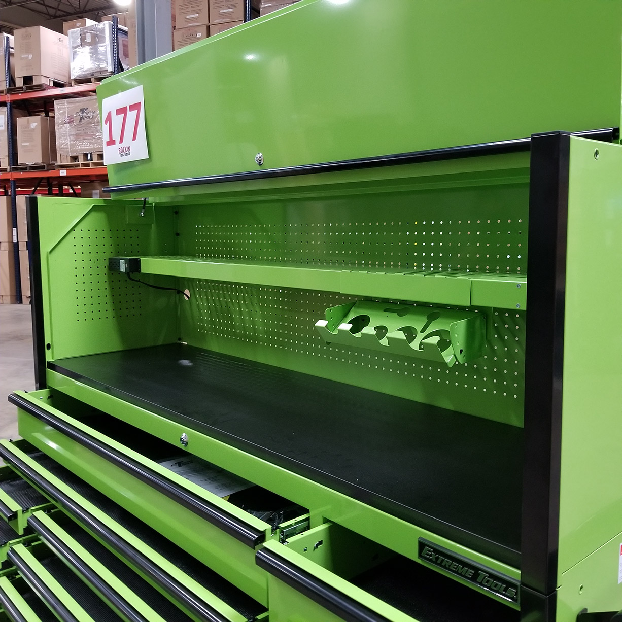 used toolboxScratch & Dent, Extreme Tools DX Series 72 x 21 Triple Bank Roller & Hutch Combo in Green-Black C Showroom Demo