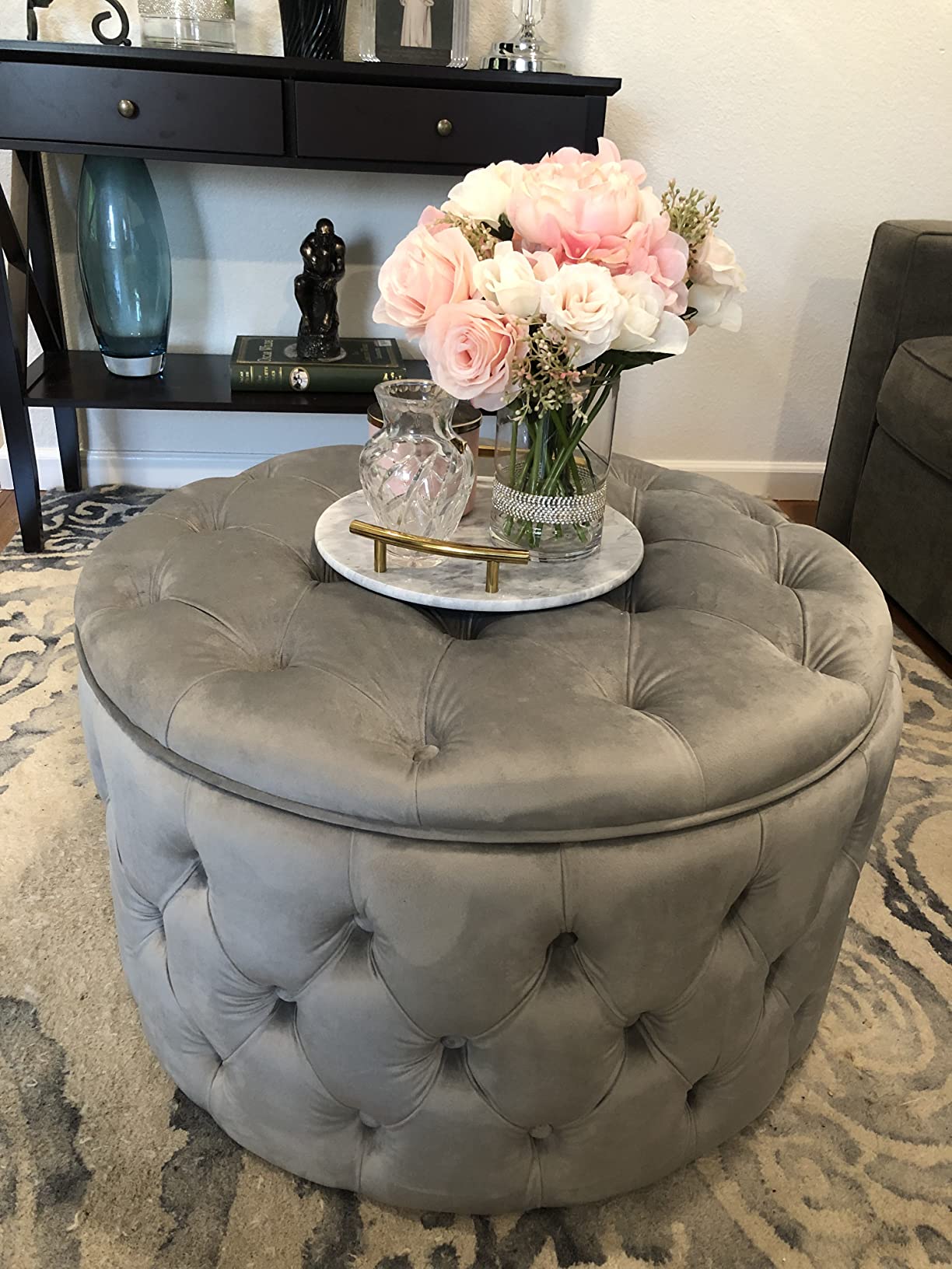 【Furniture】Homebeez Round Velvet Storage Ottoman, Button Tufted Footrest Stool Coffee Table