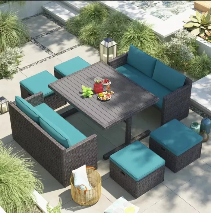 RECTANGULAR 8 - PERSON 57.09'' LONG DINING SET WITH CUSHIONS