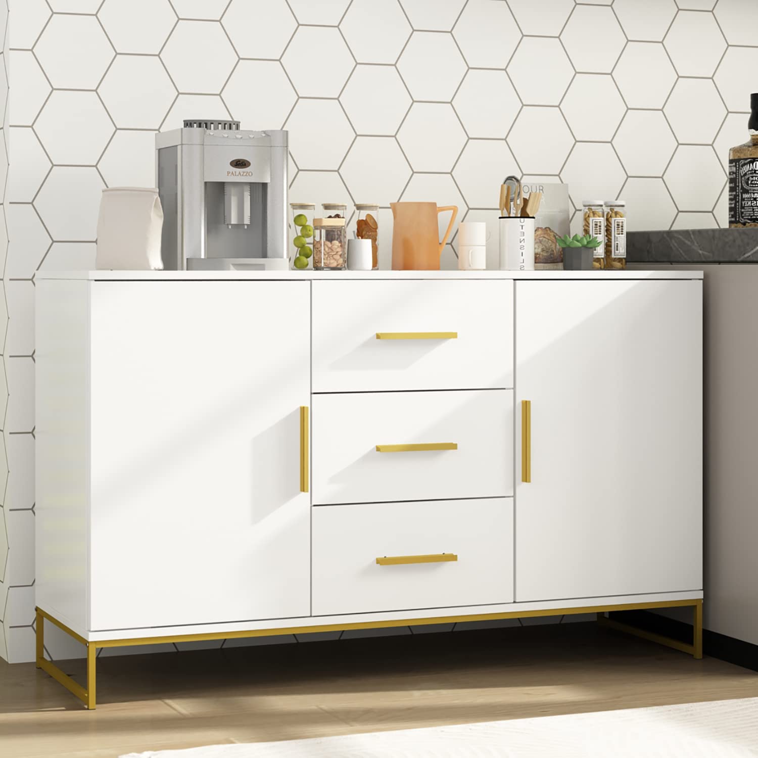 【Furniture】Buffet Sideboard with 3 Drawers & 2 Doors Storage, Buffet Cabinet Sideboard Credenza Coffee Bar Cabinet