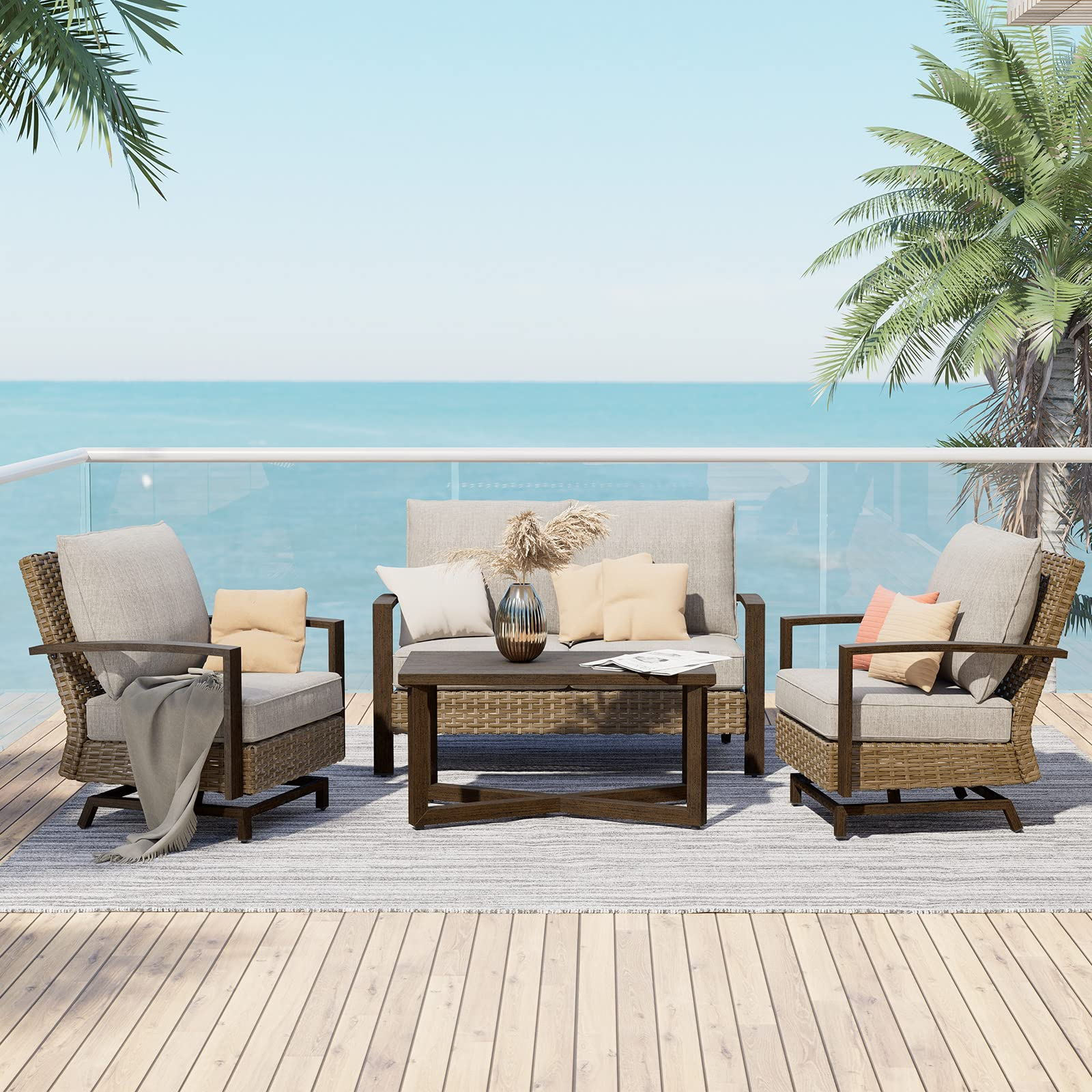 【Home&Garden】Outdoor 4 Pcs Furniture Sofa Sets PE Wicker Furniture Sets Rockers Patio Conversation Sets