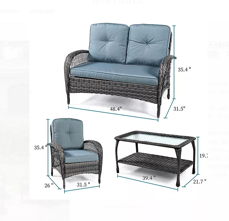 GUNJI 9 PIECE PATIO DINING TABLE SET OUTDOOR TABLE AND CHAIRS PATIO DINING TABLE SET WITH SPACE SAVING CANE CHAIR PATIO FURNITURE SET UPHOLSTERED SEATS AND BACKRESTS (BLUE)