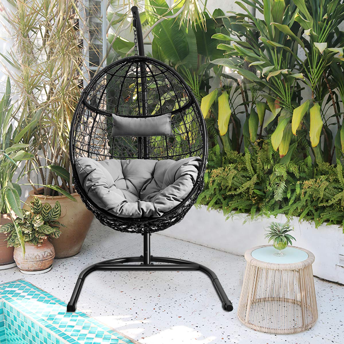 【Furniture】Hanging Egg Chair, 36.5-Width Oversized Swing Chair with C-Hammock Stand Set, Hammock Chair