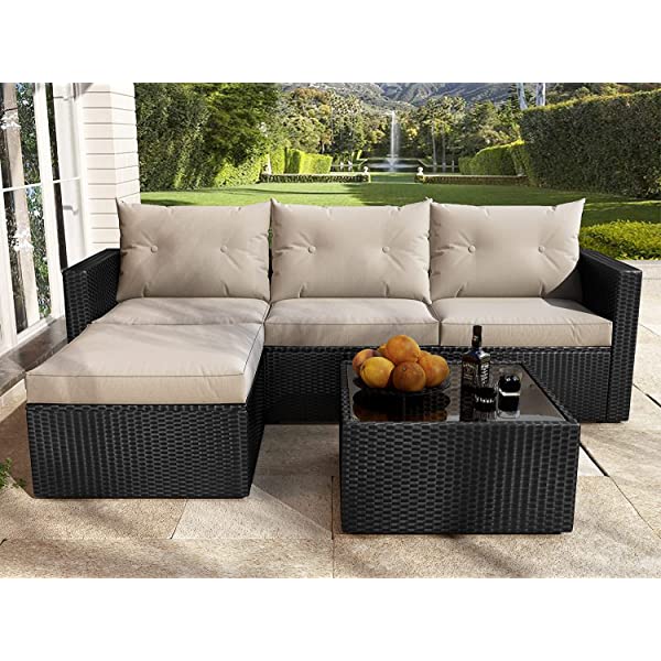 Allewie Dark Grey Patio Conversation Set, 3 Pieces PE Wicker Rattan Outdoor Furniture Set, Lounge Sofa and Loveseat with Cushions, Tempered Glass Coffee Table (Black & Dark Grey) Dark Grey & Black