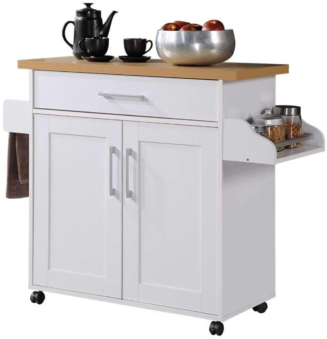 Hodedah Kitchen Island with Spice Rack, Towel Rack & Drawer, Black with Beech Top