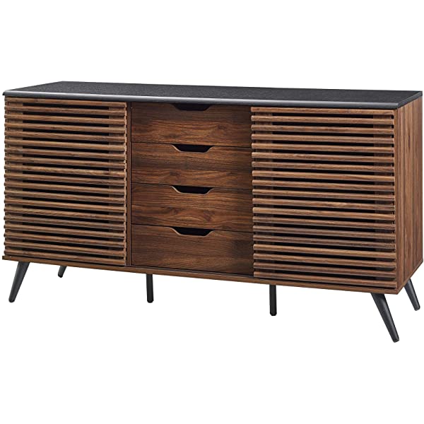 Walker Edison Modern 4 Drawer Sliding Door Wood Cabinet Buffet Entryway Serving Storage Cabinet Doors Dining Room Console, 59 Inch, Black and Dark Walnut