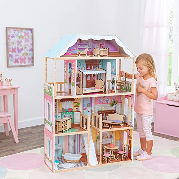 Classic Wooden Dollhouse with EZ Kraft Assembly™, 14-Piece Accessory Set, for 12-Inch Dolls, Gift for Ages 3+