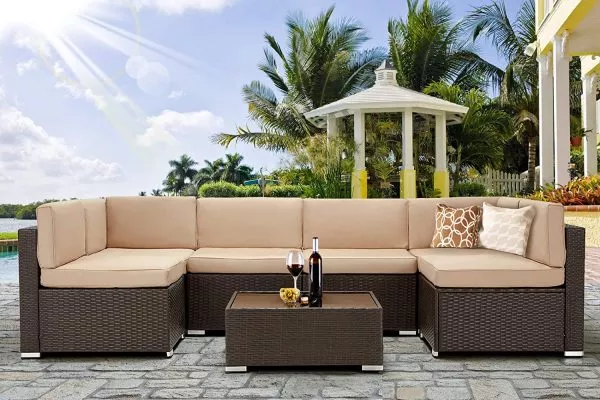 7 PIECE OUTDOOR PATIO FURNITURE SET, PE RATTAN WICKER SOFA SET