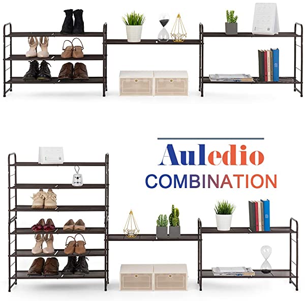 AULEDIO 3-Tier Shoe Rack, Stackable and Adjustable Multi-Function Wire Grid Shoe Organizer Storage, Extra Large Capacity, Space Saving, Fits Boots, High Heels, Slippers and More (Bronze) 3-Tier Bronze