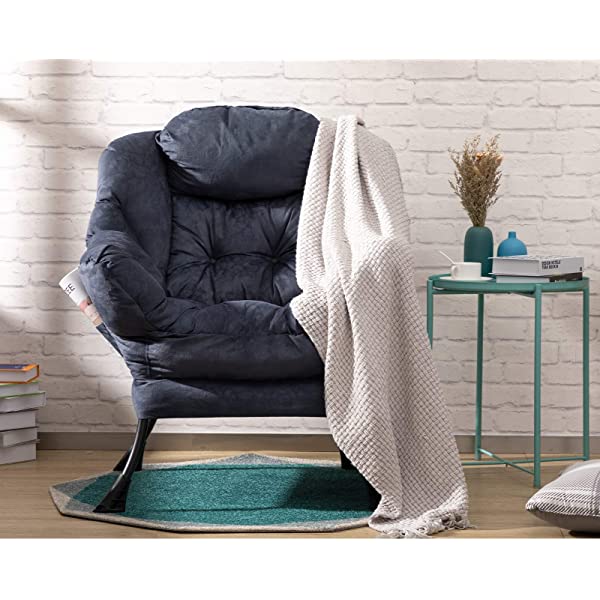 AbocoFur Modern Large Cotton Fabric Lazy Chair，Accent Contemporary Lounge Chair, Single Steel Frame Leisure Sofa Chair with Armrests and A Side Pocket, Beige