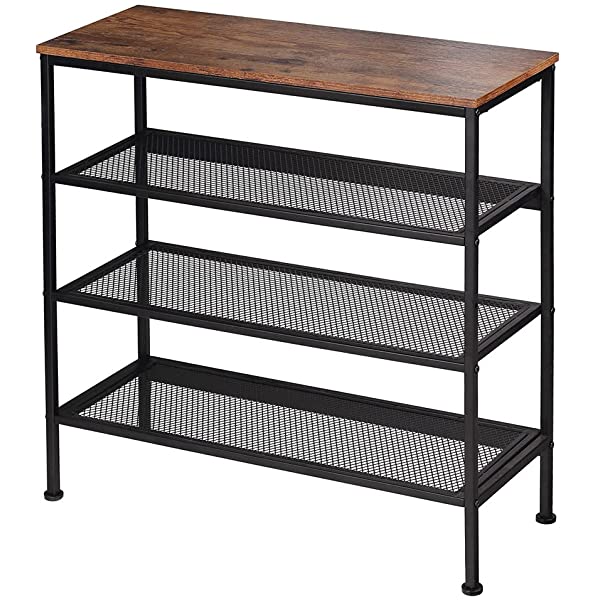 Dulcii Shoe Rack, 4 Tiers Height Adjustable Shoe Organizer Industrial Shoe Cabinet Storage with Retro Wooden Panel/Metal Mesh Shelves for Entryway, Living Room, Hallway, Bathroom, 30×12×28.3 Inch