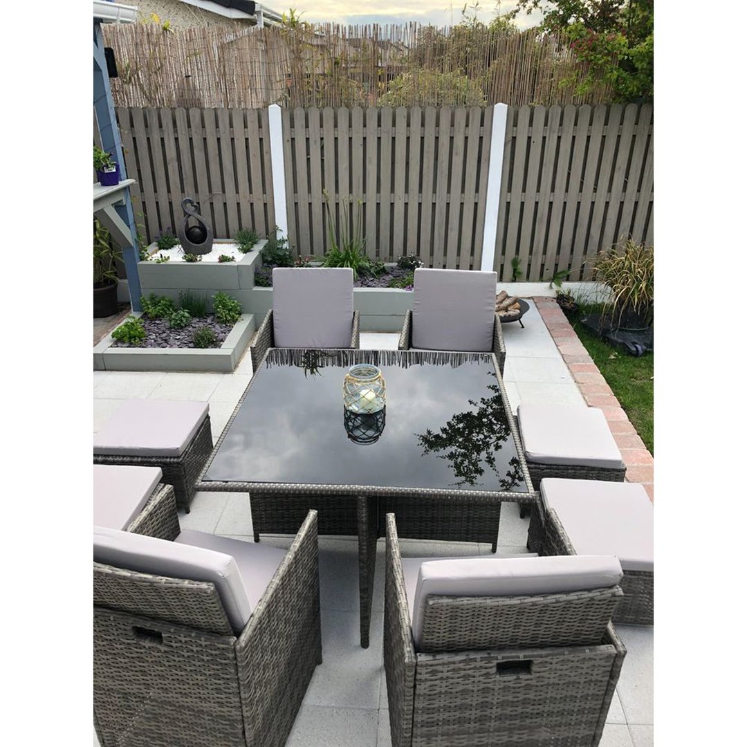 RayGar Deluxe 9 Piece 8 Seater Rattan Cube Dining Table Garden Furniture Patio Set (Grey/Grey)