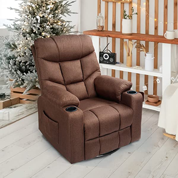 Esright Grey Fabric Massage Recliner Chair 360 Degrees Swivel Heated Ergonomic Lounge Chair
