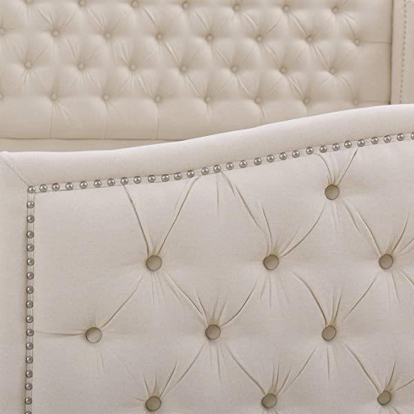 Jennifer Taylor Home Marcella Collection Queen Wingback Tufted Hand-Applied Nail Heads Upholstered Bed, Antique White Antique White Queen