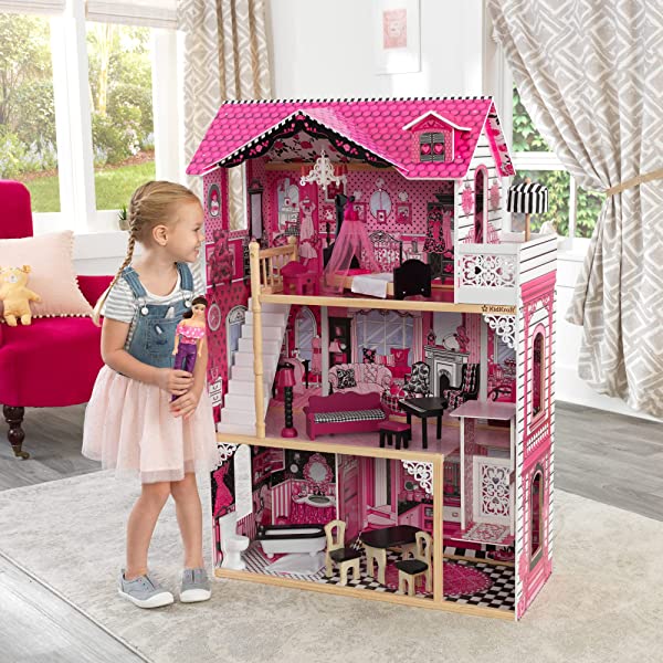Wooden Dollhouse with Elevator, Balcony and 15-Piece Accessories, Pink, Gift for Ages 3+