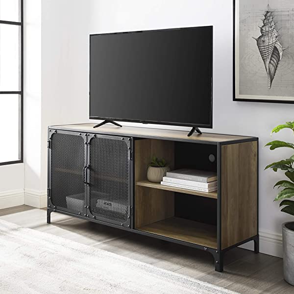 Walker Edison Malcomb Urban Industrial Metal Mesh Double Door Rolling Bar Cabinet, 33 Inch, Rustic Oak Rustic Oak 33 Inch