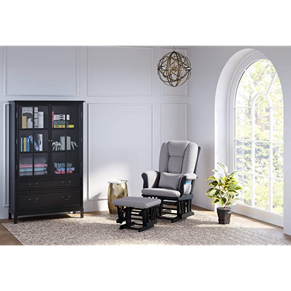 Storkcraft Tuscany Custom Glider and Ottoman with Free Lumbar Pillow, Black/Grey, Cleanable Upholstered Comfort Rocking Nursery Chair with Ottoman Black/Gray