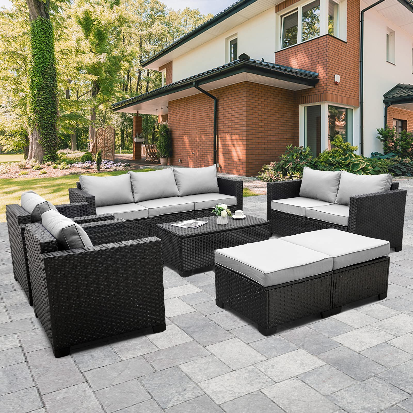 【Furniture】Patio Wicker Furniture Set 7 Pcs Outdoor PE Rattan Conversation Couch Sectional Chair Sofa Set