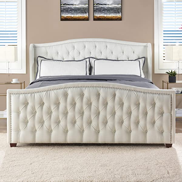 Jennifer Taylor Home Marcella Collection Queen Wingback Tufted Hand-Applied Nail Heads Upholstered Bed, Antique White Antique White Queen