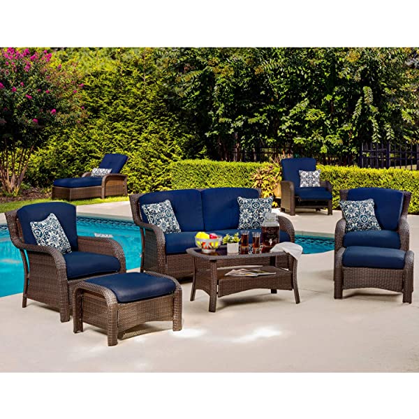 Hanover Strathmere 6-Piece Outdoor Patio Conversation Set, 2 Side Chairs with Ottomans, Loveseat and Tempered Glass Coffee Table, with Hand-Woven Wicker and Thick Cilantro Green Cushions, STRATHMERE6PC