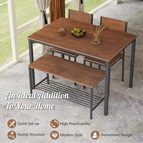 Giantex Dining Table Set for 4, Kitchen Table with Bench and Chairs, Industrial Gathering Bench Dining Set W/Metal Frame & Storage Rack, Dinette Set, Modern Functional Desk Set (Black Oak)