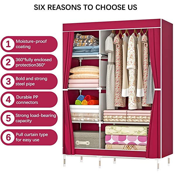 QUMENEY Wardrobe Storage Closet, Portable Clothes Standing Shelves Organizer, Extra Strong and Durable Non-Woven Fabric Rack with Hanging Rods, Quick and Easy to Assemble (Pink Dots)