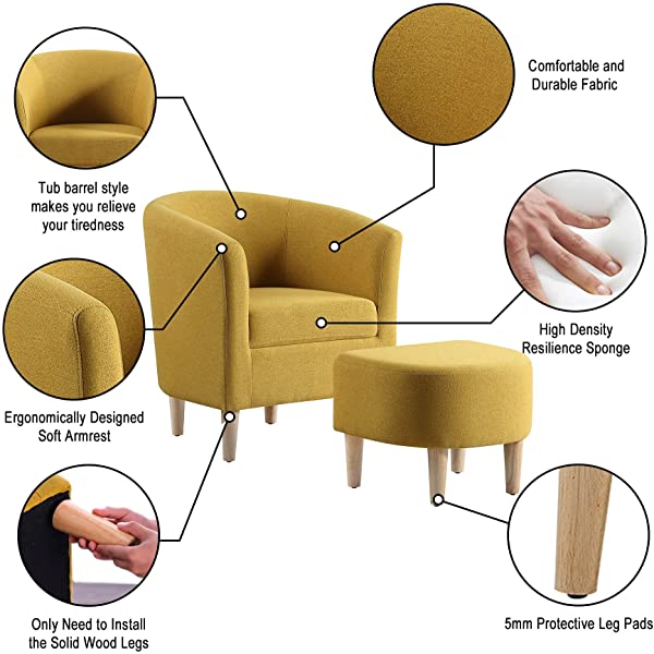 DAZONE Modern Accent Chair, Upholstered Arm Chair Linen Fabric Single Sofa Chair with Ottoman Foot Rest Mustard Yellow Comfy Armchair for Living Room Bedroom Small Spaces Apartment Office Yellow With Ottoman