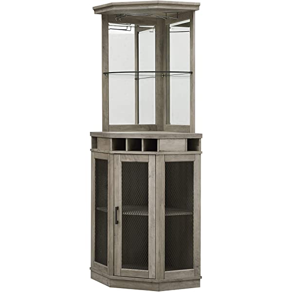 Home Source Stone Grey Corner Bar Unit with Built-in Wine Rack and Lower Cabinet
