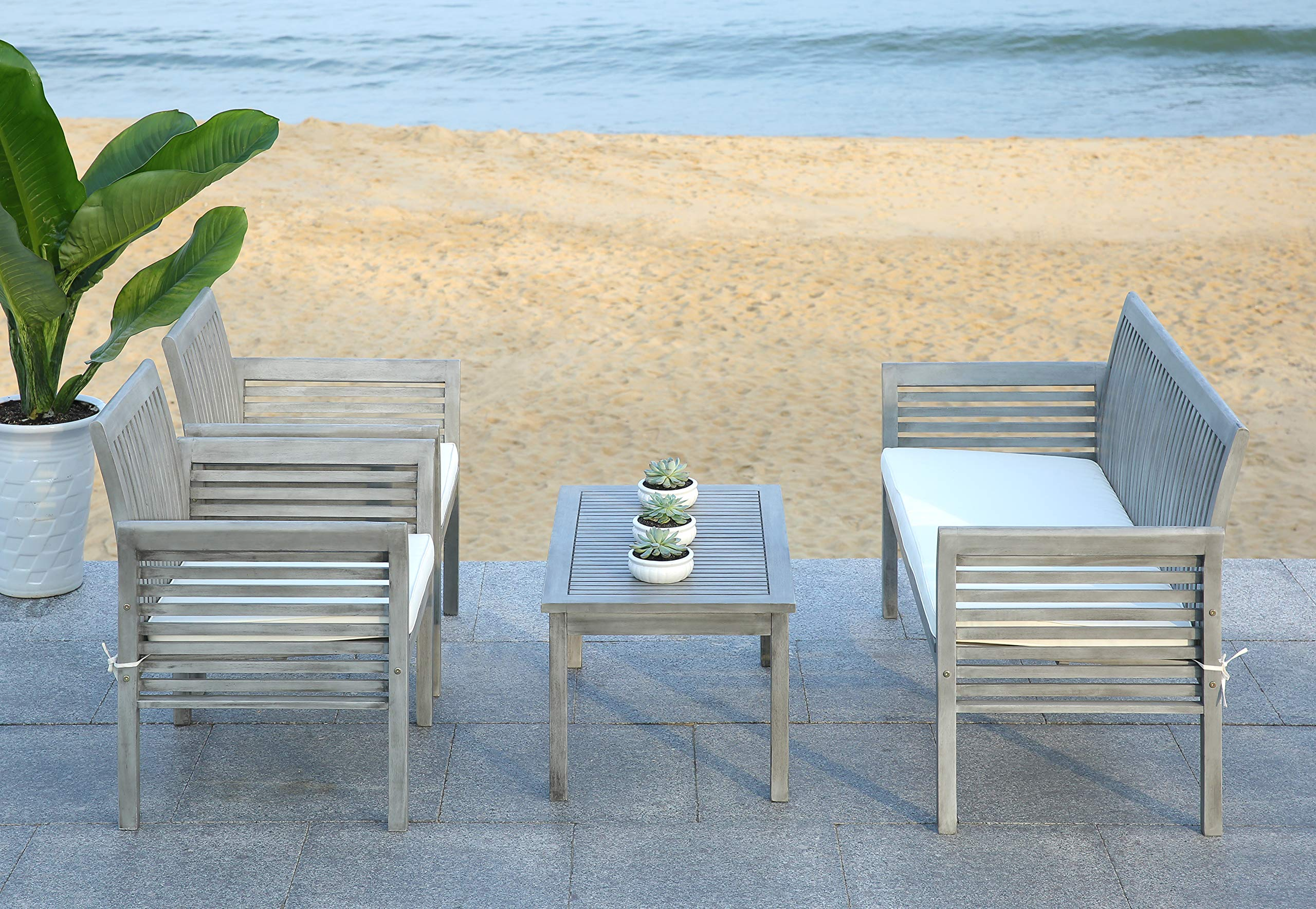 【Furniture】Outdoor Collection Carson Grey Wash/ Beige Cushions 4-Piece Conversation Patio Set