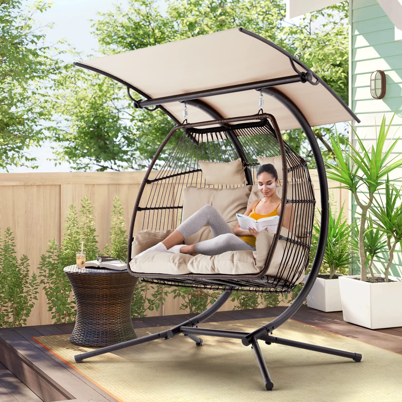 【Furniture】Double Egg Chair with Stand, Foldable Hanging Chair, Hammock Chair with Cushion and Awning