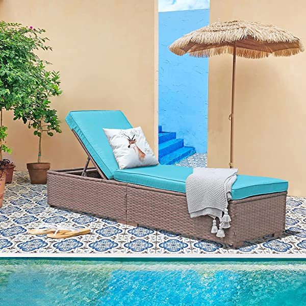 Patiorama Patio Chaise Lounge Chair, Sun Lounger, Outdoor Pool Beach Brown PE Rattan Wicker Reclining Chair W/Adjustable Backrest and Removable Cushion (Beige), Set of 2 2 Brown