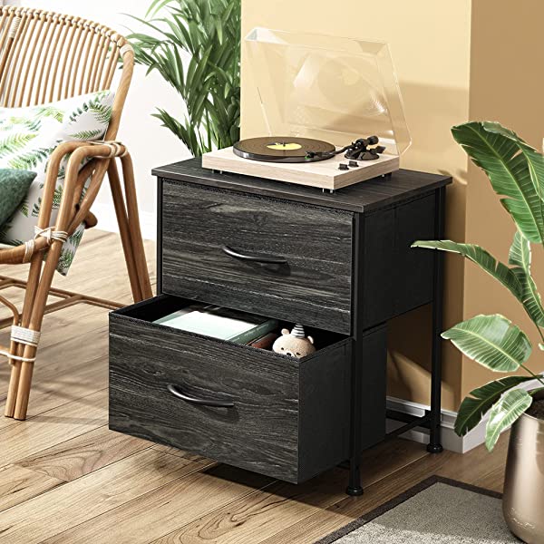 WLIVE Nightstand with 2 Fabric Drawers, Bedside Furniture & End Table Dresser for Bedroom, Living Room, Steel Frame, Wood Top, Easy Pull Handle Charcoal Gray
