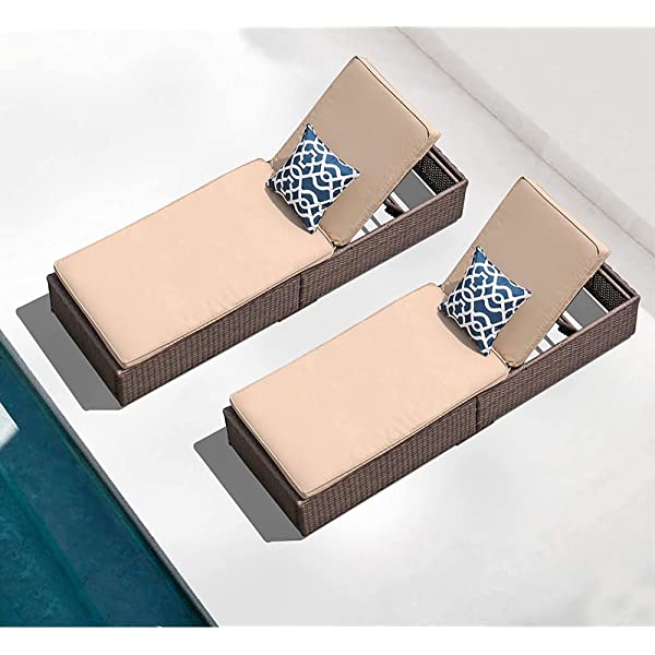 Patiorama Patio Chaise Lounge Chair, Sun Lounger, Outdoor Pool Beach Brown PE Rattan Wicker Reclining Chair W/Adjustable Backrest and Removable Cushion (Beige), Set of 2 2 Brown