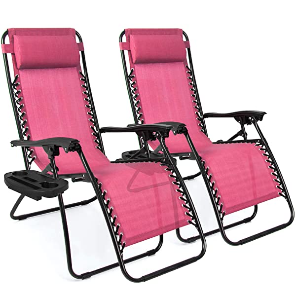 Best Choice Products Set of 2 Adjustable Steel Mesh Zero Gravity Lounge Chair Recliners w/Pillows and Cup Holder Trays - Burgundy