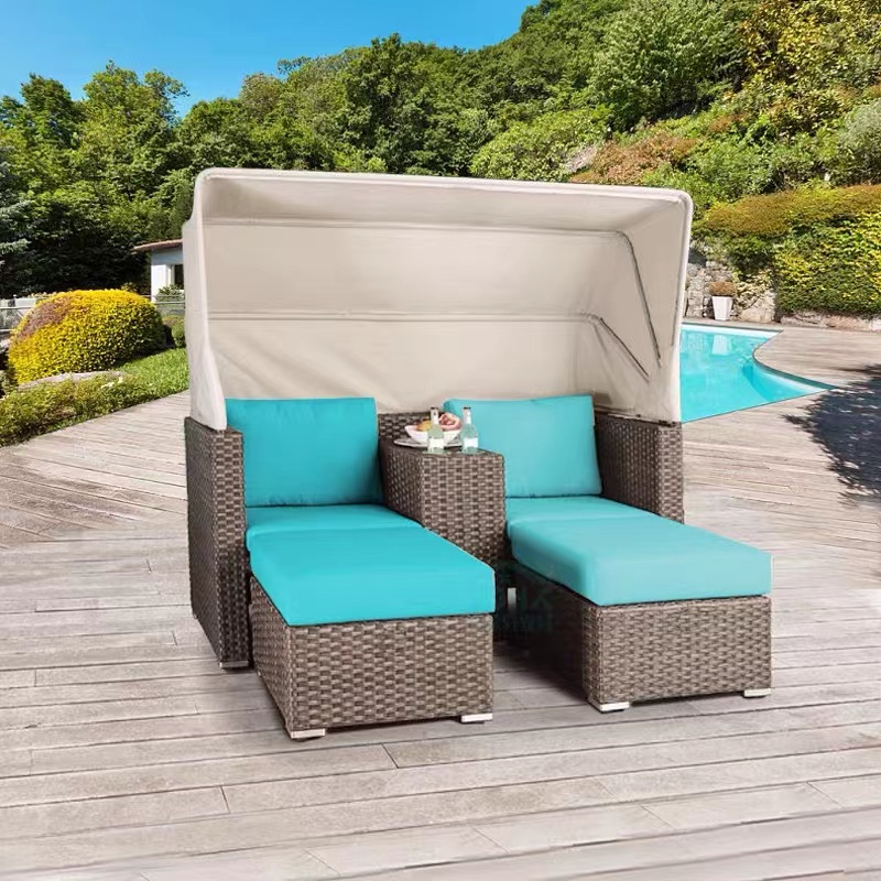 Rattan sofa outdoor sunshade double bed with canopy waterproof and sunscreen furniture