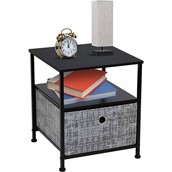Sorbus Nightstand 1-Drawer Shelf Storage- Bedside Furniture & Accent End Table Chest for Home, Bedroom, Office, College Dorm, Steel Frame, Wood Top, Easy Pull Fabric Bins (Rustic Wood)