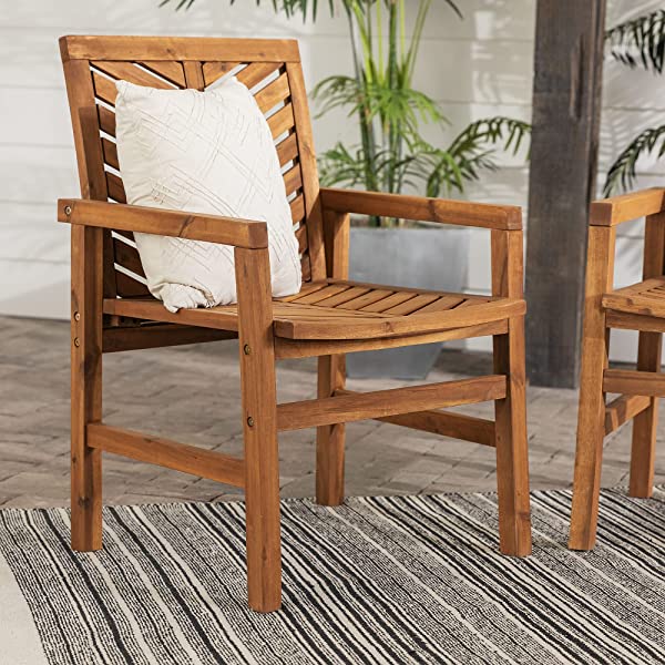 Walker Edison 5 Person Outdoor Wood Chevron Patio Furniture Dining Set Table Chairs Bench All Weather Backyard Conversation Garden Poolside Balcony, 4 Piece, Brown Brown 4 Piece Dining Set