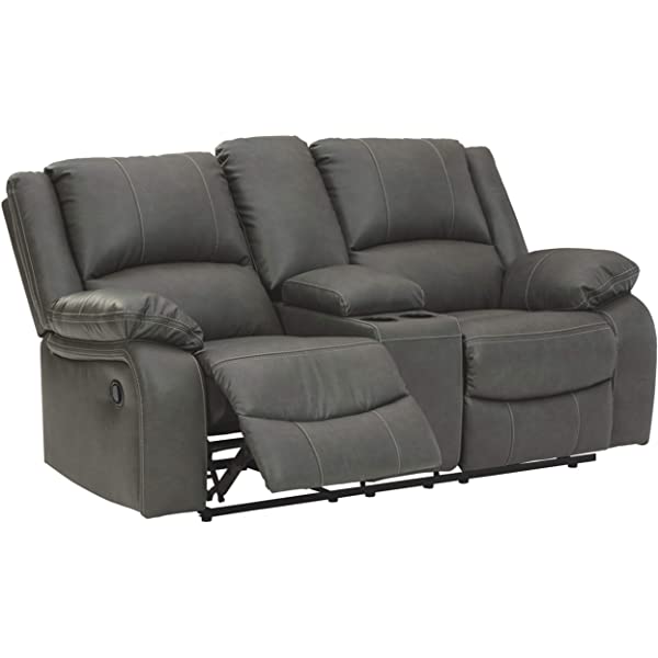 Signature Design by Ashley - Calderwell Contemporary Faux Leather Double Reclining Loveseat w/ Console - Adjustable - Gray Manual Loveseat Grey