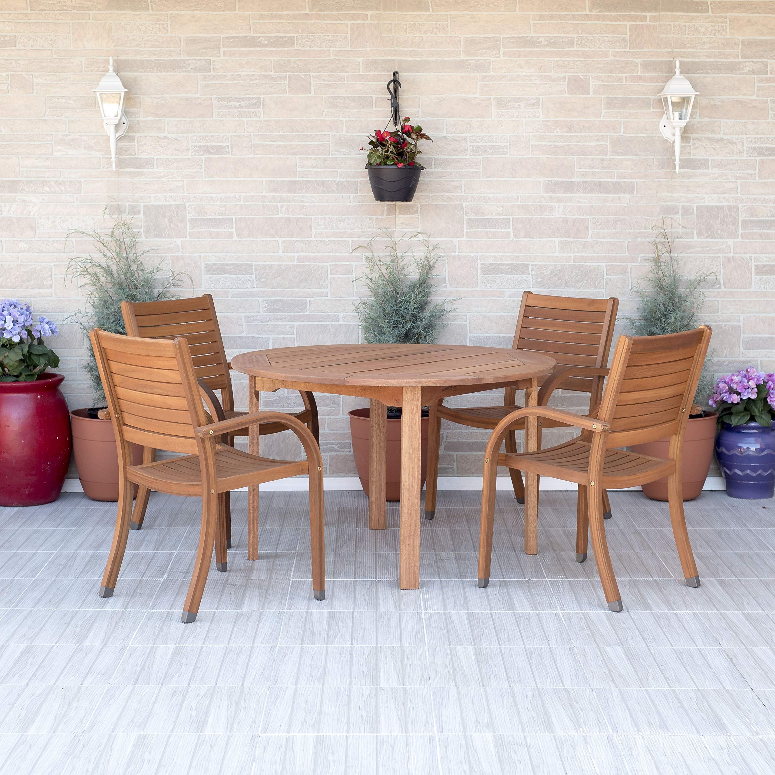 【Furniture】5 Piece Round Patio Dining Set | Eucalyptus Wood | Ideal for Outdoors and Indoors