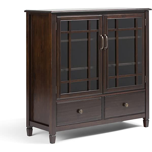 SIMPLIHOME Connaught SOLID WOOD 46 inch Wide Traditional Tall Storage Cabinet in Dark Chestnut Brown, with 2 Tempered Glass Doors that open to a Cabinet with 4 Adjustable Shelves an two Deep Drawers