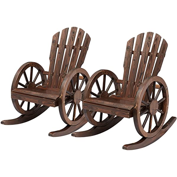 Kinsunny Rustic Wood Wagon Rocking Chair Outdoor Patio Lounge Rocker Set with Wheel Armrest for Garden, Country, Yard 1pc