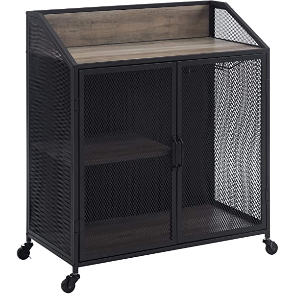 Walker Edison Malcomb Urban Industrial Metal Mesh Double Door Rolling Bar Cabinet, 33 Inch, Rustic Oak Rustic Oak 33 Inch