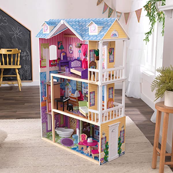 My Dreamy Wooden Dollhouse with Lights and Sounds, Elevator and 14 Accessories, Gift for Ages 3+