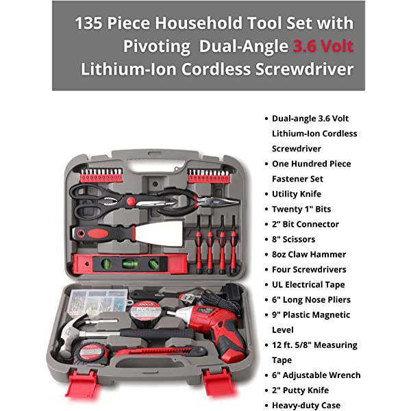 135 Piece Household Tool Kit Pink with Pivoting Dual-Angle 3.6 V Lithium-Ion Cordless Screwdriver - DT0773N1 135-Piece Tool Set Pink
