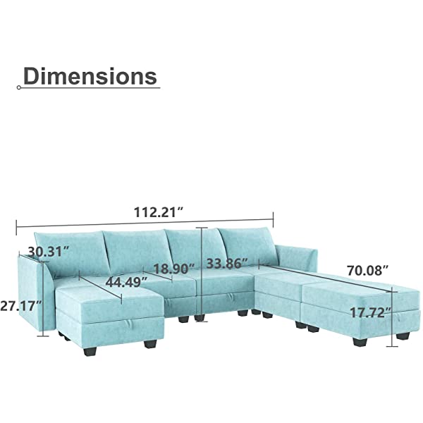 HONBAY Convertible Sectional Sofa U Shaped Couch with Reversible Chaise Modular Oversized Couch Sectional Sofa with Ottomans, Aqua Blue U Shape Sofa-1 Blue