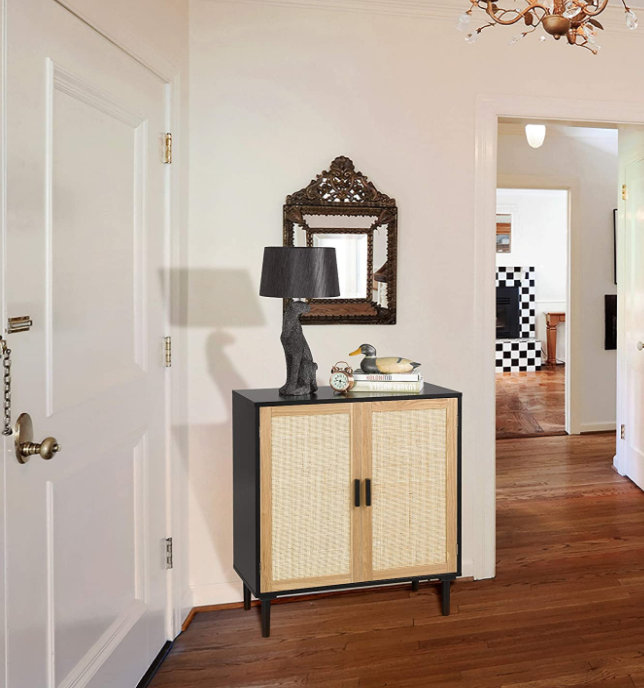 Finnhomy Sideboard Buffet Cabinet, Kitchen Storage Cabinet with Rattan Decorated Doors, Liquor Cabinet for Bar, Dining Room, Hallway, Cupboard Console Table, Accent Cabinet, 31.5X 15.8X 34.6 Inches