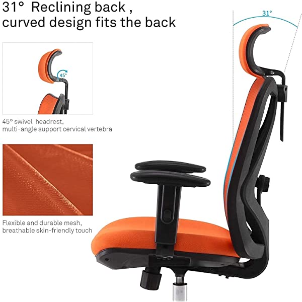 SIHOO Ergonomic Office Chair, Computer Desk Chair with Adjustable Lumbar Support, Comfortable Thick Cushion High Back Desk Chair with Adjustable Headrest and PU armrests(Orange)